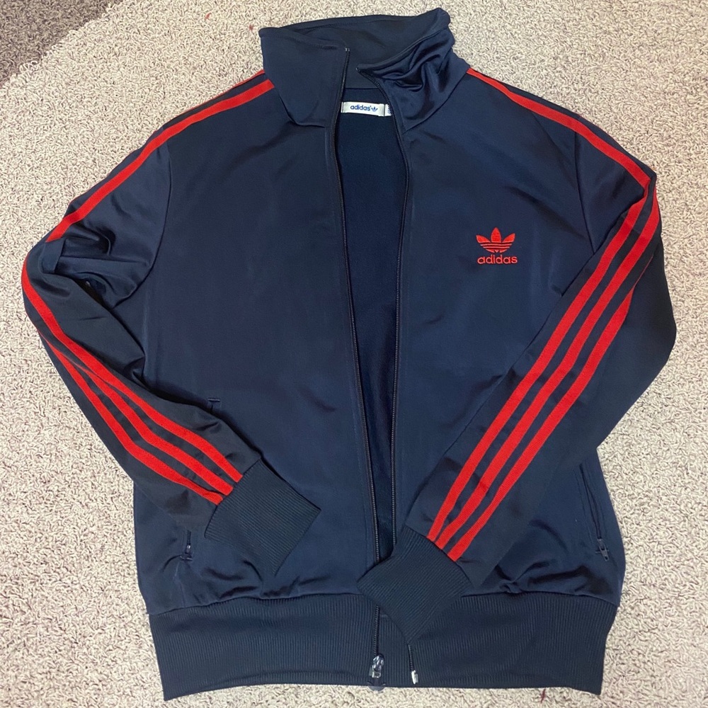 Navy adidas track jacket w/ red stripes